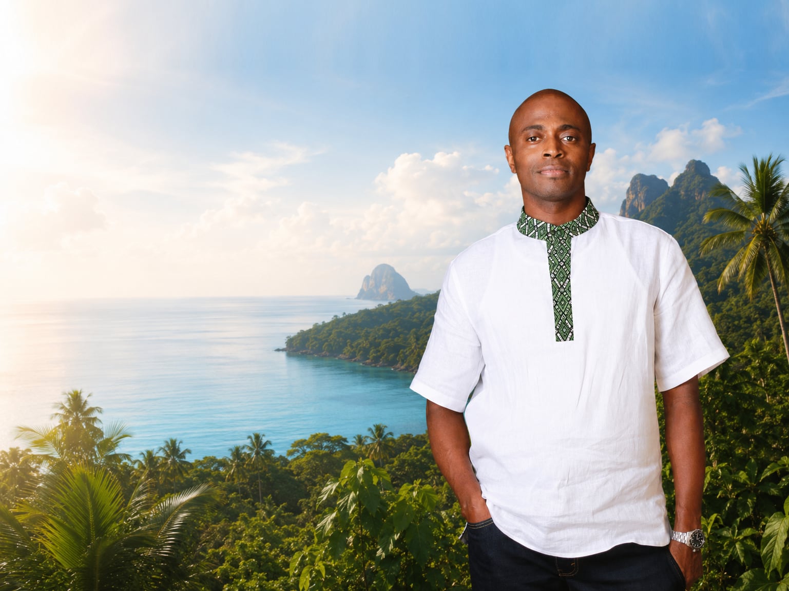 Luisélio Salvaterra Pinto, Candidato Independente, fotografado diante da costa de São Tomé e Príncipe